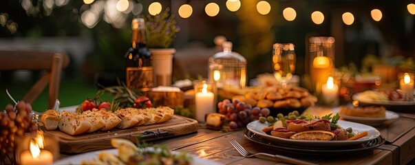Cozy Fourth of July dinner table adorned with patriotic decorations, themed centerpieces, and sun flare highlighting the festive atmosphere