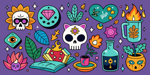 Cartoon set of stickers of magic and witchcraft.