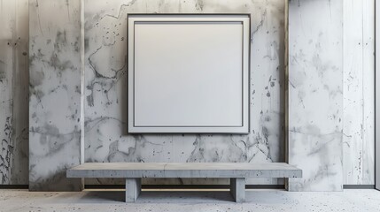 Art gallery display in a minimalist room with two blank frames above a concrete bench, white textured wall background, 3D illustration