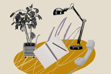 Sketch image composite trend artwork 3D photo collage of workspace office room landline phone notebook write notes plant flower lamp light