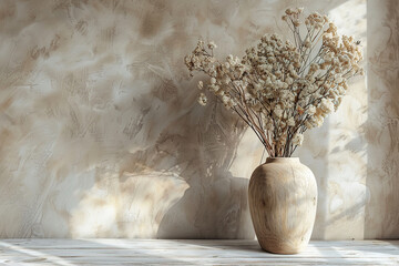 Dried flower bouquet displayed in a wooden vase against a blank wall in a home interior. Concept Home Decor, Dried Flowers, Wooden Vase, Blank Wall, Interior Design, copy space