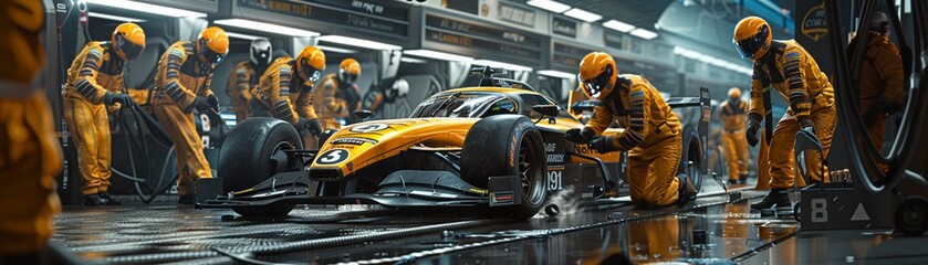 Obraz premium Pit Stop Perfection Illustrate a futuristic pit stop, where teams of engineers and mechanics work quickly and efficiently to refuel and repair the hightech race cars, showcasing the teamwork and preci