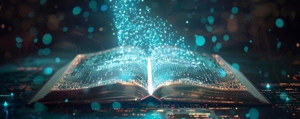 An image of a digital ledger book open on a table, with pages made of light representing blockchain smart contracts