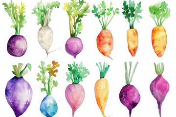 A beautiful set of watercolor root vegetables, each rendered with exquisite detail, displayed on an isolated white background