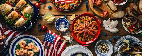 Intimate Fourth of July dinner setup with red, white, and blue decorations, American flag napkins, and dogs wearing festive outfits