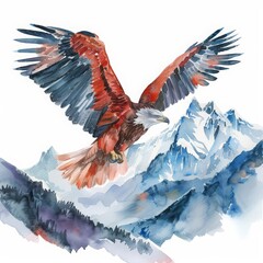 Obraz premium A beautiful watercolor portrait of a majestic eagle soaring above mountain peaks, with detailed feathers, isolated minimal with white background