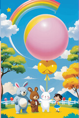 a group of animals standing in front of a balloon