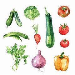 A cute watercolor collection of organic farm vegetables, whimsically stylized and presented isolated minimal with white background