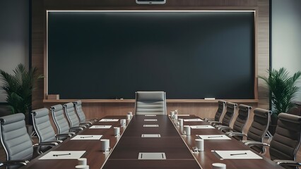 Office meeting room conference table interior with blank blackboard mockup