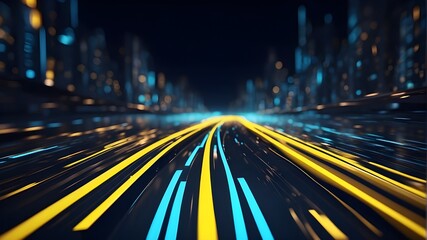 High-speed, abstract, futuristic background with bokeh luminous neon movement and straight blue-yellow lines. futuristic, high-speed transport idea. Wonderful background, AI-generated