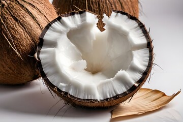 Isolated coconuts against a white backdrop.Nature's bounty, cracked coconut is tasty, nutritious, and tropical. An organic and freshly made gourmet creation.

