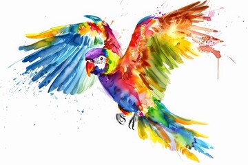 A fascinating watercolor of a tropical bird in midflight, its feathers a kaleidoscope of colors, isolated with a white background