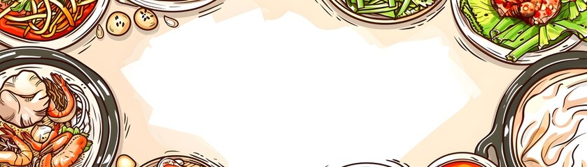 Obraz premium Illustrated seafood and noodle dishes with white space in the center of each plate isolated dish frame for food event invitation