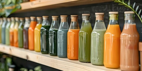 Assorted Juices in Green Glass Bottles on Wooden Display at a Juice Bar. Concept Juice Bottles, Green Glass Displays, Wooden Stand, Juice Bar Setting
