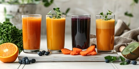 Fototapeta premium Elevated Cold-Pressed Juices in a Contemporary White Kitchen with Sophisticated Flavors. Concept Food Photography, Drink Menu, Gourmet Culinary Creations, Kitchen Aesthetics