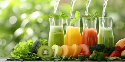 Fresh fruits and vegetables pressed into vibrant shining coldpressed juices. Concept Cold-Pressed Juices, Fresh Produce, Healthy Lifestyle, Vibrant Colors, Nutrient-Rich Extracts