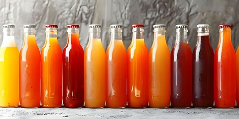 Colorful bottles filled with various juices lined up in a row. Concept Food Photography, Juice Bottles, Colorful Drinks, Beverage Display, Vibrant Arrangement