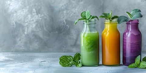Three Bottled Fresh Vegetable Juices: A Refreshing and Healthy Choice. Concept Fresh Juices, Vegetable Blend, Healthy Lifestyle, Vibrant Colors, Nutritious Choices