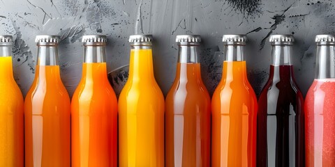 A row of vibrant bottles filled with assorted juices. Concept Photography, Juice Bottles, Vibrant Colors, Still Life, Collection