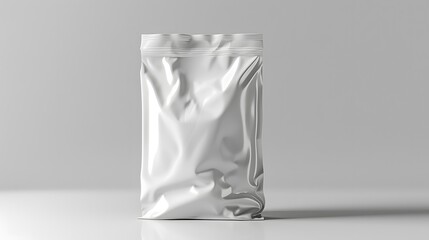 3d render of blank white foil bag packaging for chips or snacks, mockup isolated on gray background.
