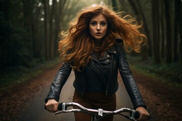 Obraz premium Captivating woman with vibrant red hair rides a bicycle on a foggy forest path
