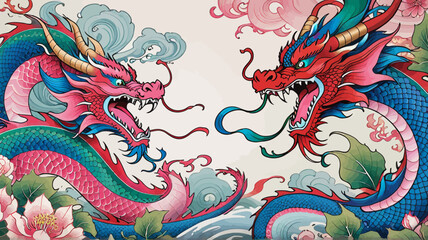 a painting of two dragon fighting each other