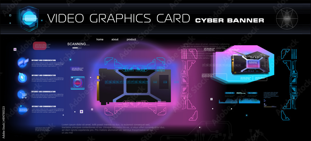 Poster video card for computer. technology cyber banner. powerful digital system with development of comput