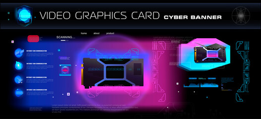 Video card for computer. Technology cyber banner. Powerful digital system with development of computer chips and electronic boards. Realistic video card with neon illumination