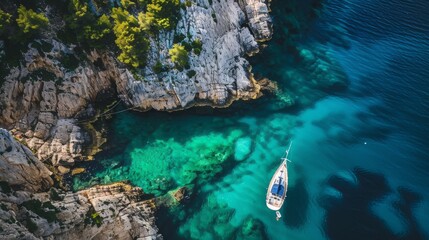 Obraz premium A boat sails in the water near a steep cliff in this aerial view.