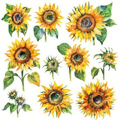 A set of water color of sunflowers turning towards the sun, reflecting optimism and the energy of a bright, sunny day, Clipart isolated concept minimal with white background