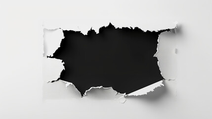 a white piece of paper with black hole in the middle, ripped from edges, white background