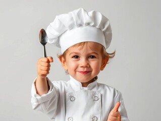 Portrait a Cute little professional chef with ladle showing thumb-up on white background