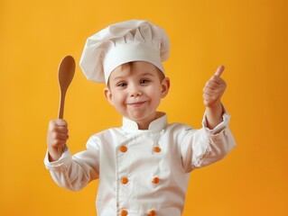 Portrait a Cute little professional chef with ladle showing thumb-up on color background