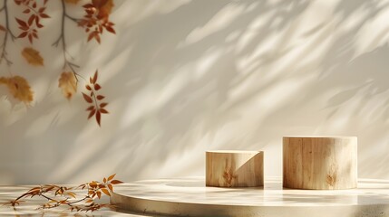 A mockup of two podiums made from natural wood, one cylindrical and the other square, with shadows cast on them in the style of autumn leaves.
