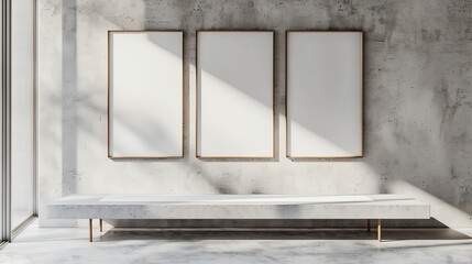 Elegant minimalist interior with three blank frames on a wall above a concrete bench, featuring a white textured background for a gallerylike display, 3D illustration