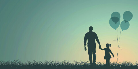 silhouette of father and child holding balloons at sunset