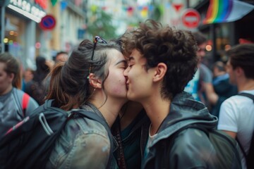 Obraz premium Amidst the urban landscape, the couple's stolen kisses spoke volumes about the depth of their love, a testament to the power of LGBTQ affection