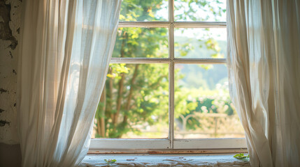 Focus on the view through the vintage window, with curtains gently billowing in the breeze and offering a glimpse of the world outside