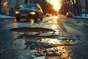 Old damaged asphalt pavement road with potholes in city
