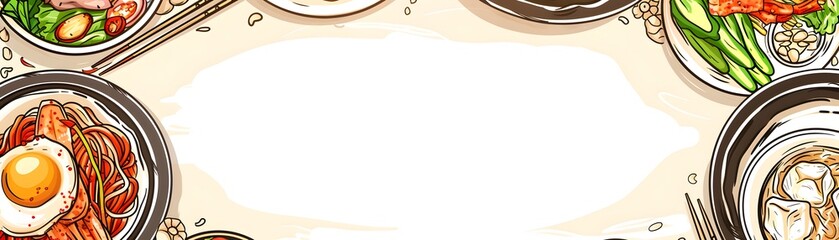 Obraz premium Illustrated noodle and seafood dishes with central white space on each plate isolated dish frame for food event invitation