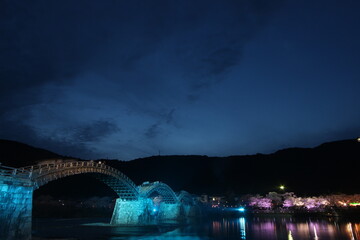 『錦帯橋と夜桜』桜 ライトアップ 山口県岩国 夜サクラ　 #日本観光　Kintai Bridge 　