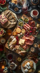 Many different types of food on a table. Food background. Vertical background