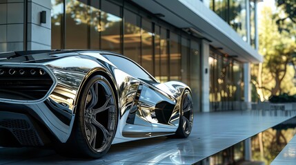 A sleek sports car with a liquid chrome finish parked in front of a modern glass building
