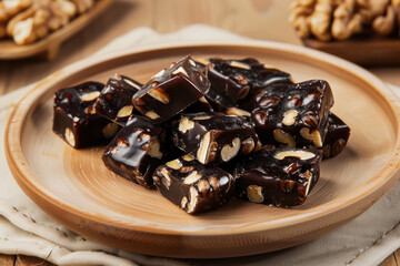 gourmet dark chocolate nougat with walnuts, rich and decadent confectionery