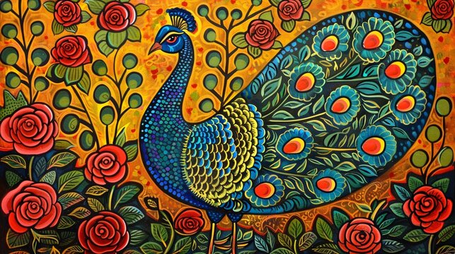 Traditional Madhubani peacock, Bharni style, surrounded by roses, majestic and graceful, vibrant art