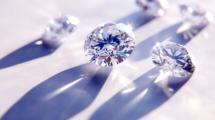 Close-up of different cuts and sizes of diamonds on a light background with shadows.