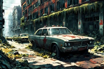 Abandon city with cars halloween background, Zombie world 