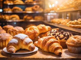 Close up freshly baked pastry goods on display in bakery shop. Selective focus
