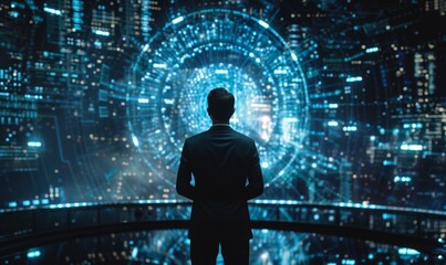 Businessman standing in front of a futuristic interface with holographic data