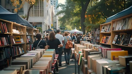 Outdoor Book Fair on a Sunny City Street with Ai generated.
